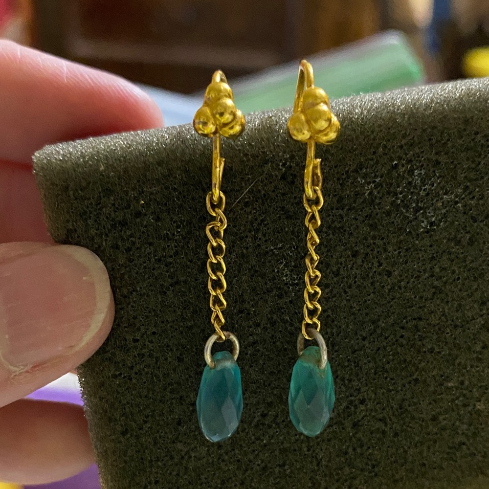 Elegant Gold and Teal Drop Earrings 1 1/2” long